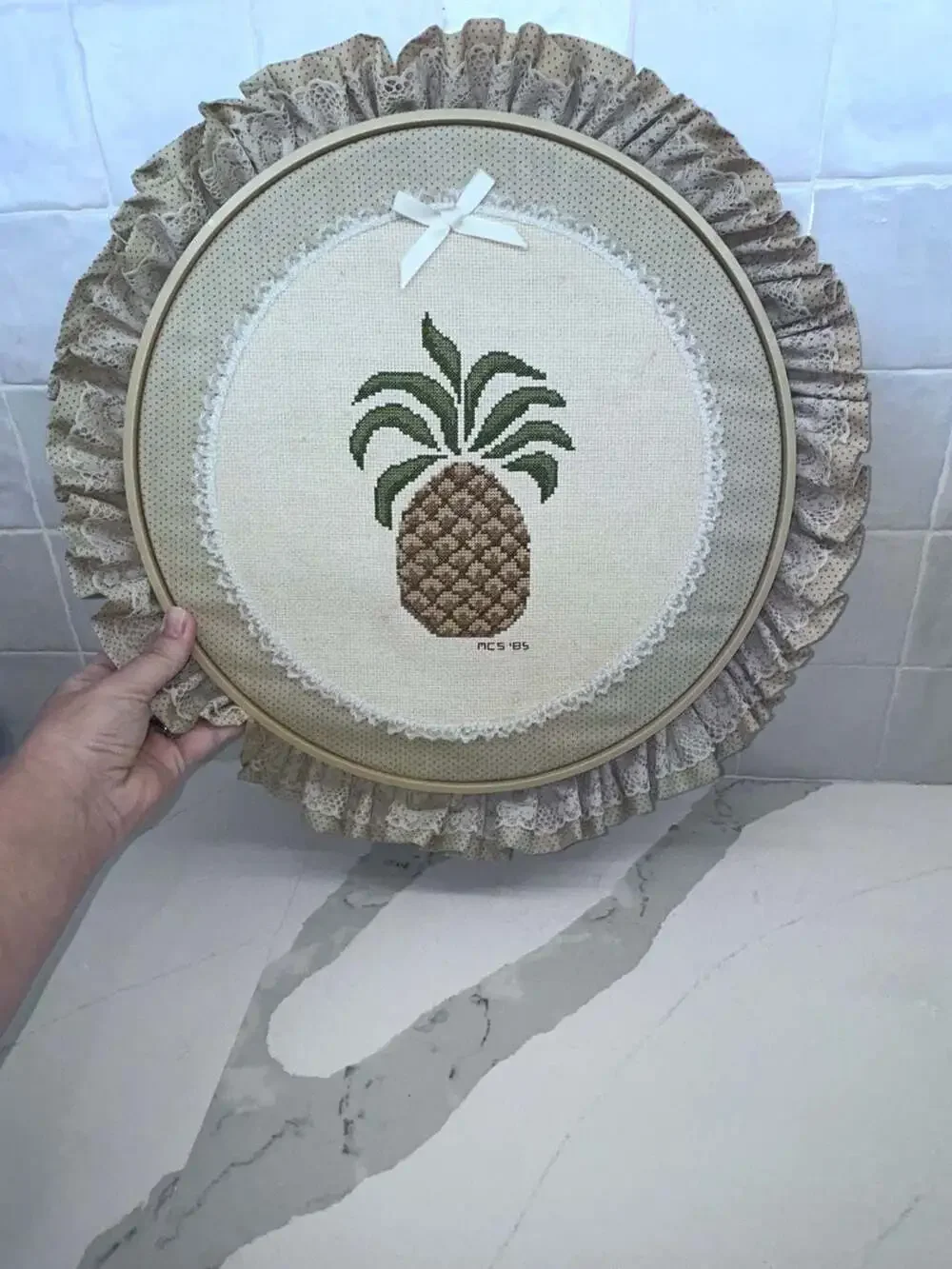 Vintage 1985 Hand-Stitched Pineapple Cross Stitch in Ruffled Hoop Frame